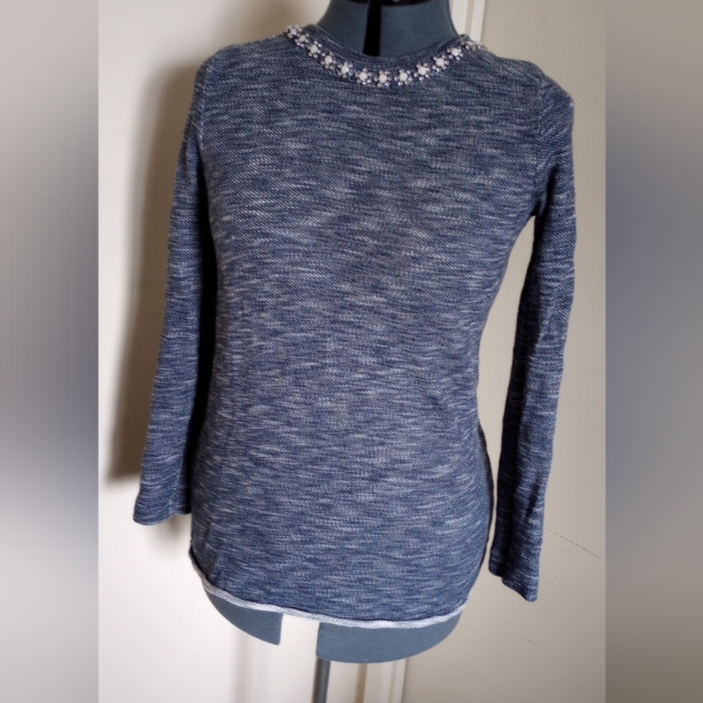 J Crew Heathered Blue Knit Long Sleeve Sweater Top With Embellished Neckline S